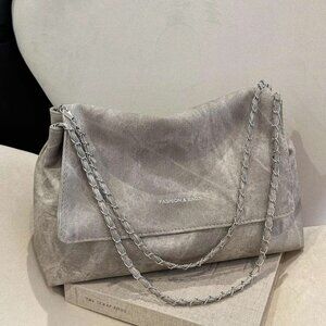 Brand New Slick Grey Flap Shoulder Bag with Silver Chain Straps